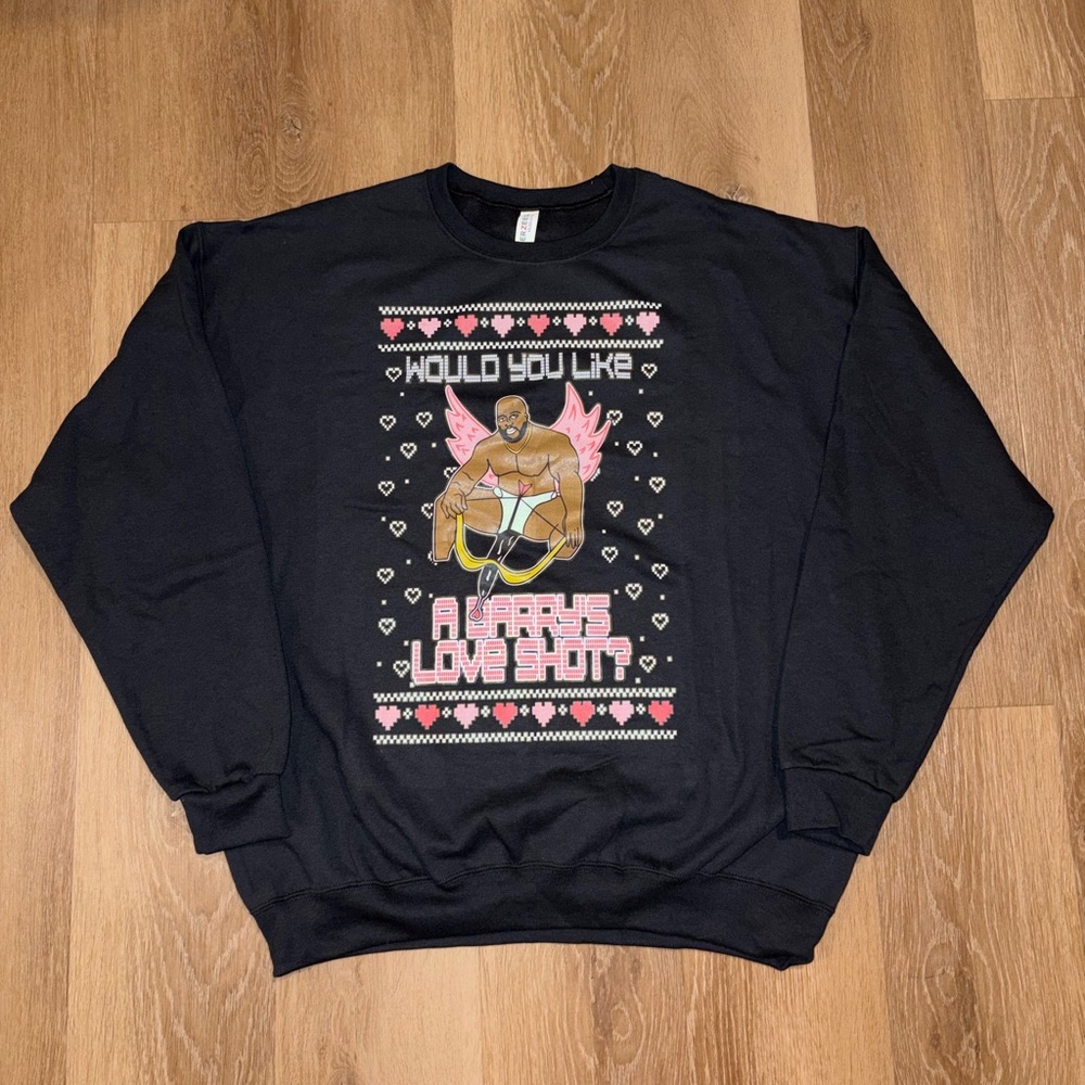 Would You Like A Barrys Love Shot Ugly Christmas Sweater Crewneck Shirt Men XL